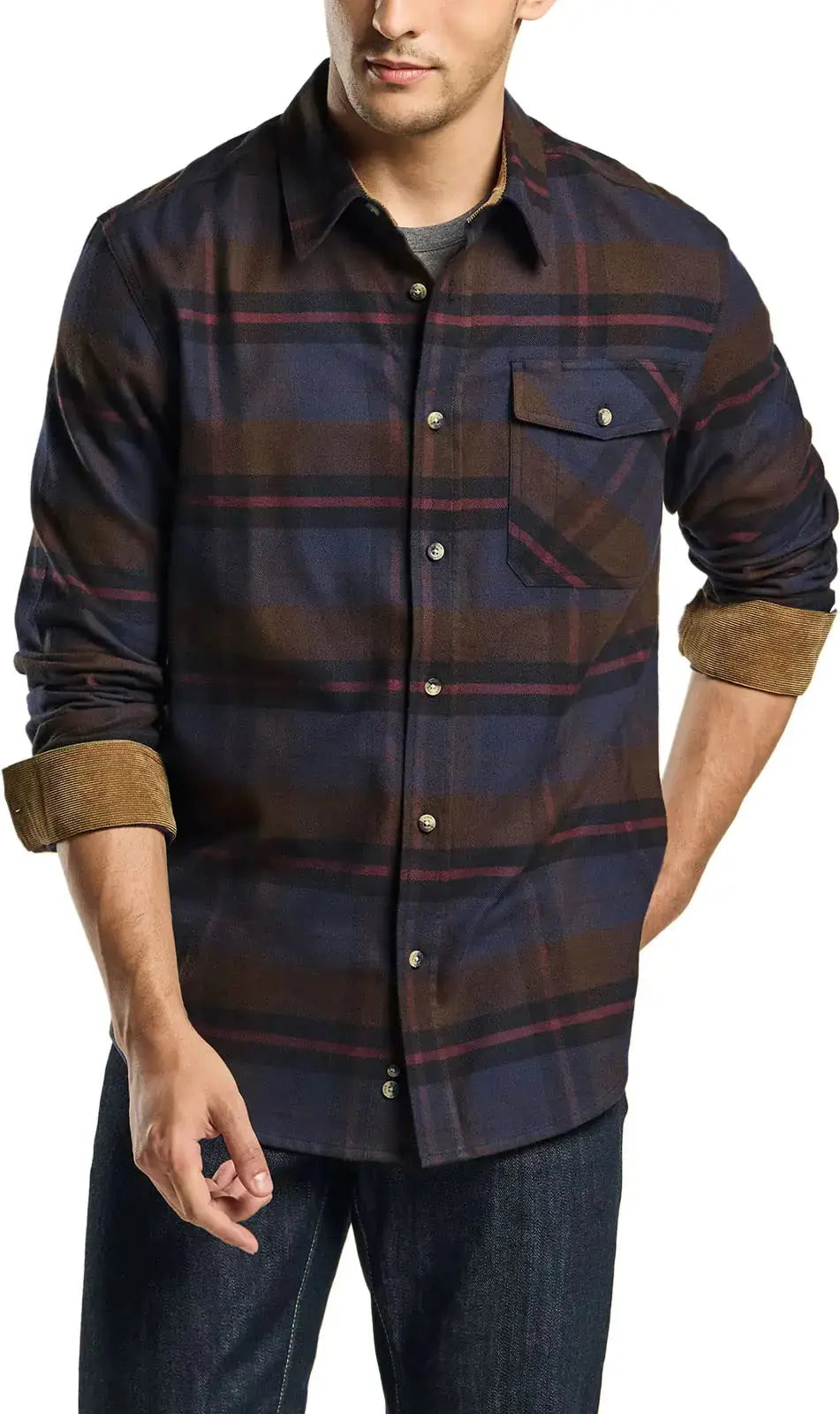 CQR Men's All Cotton Flannel Shirt - Long Sleeve Casual Button Up Plaid
