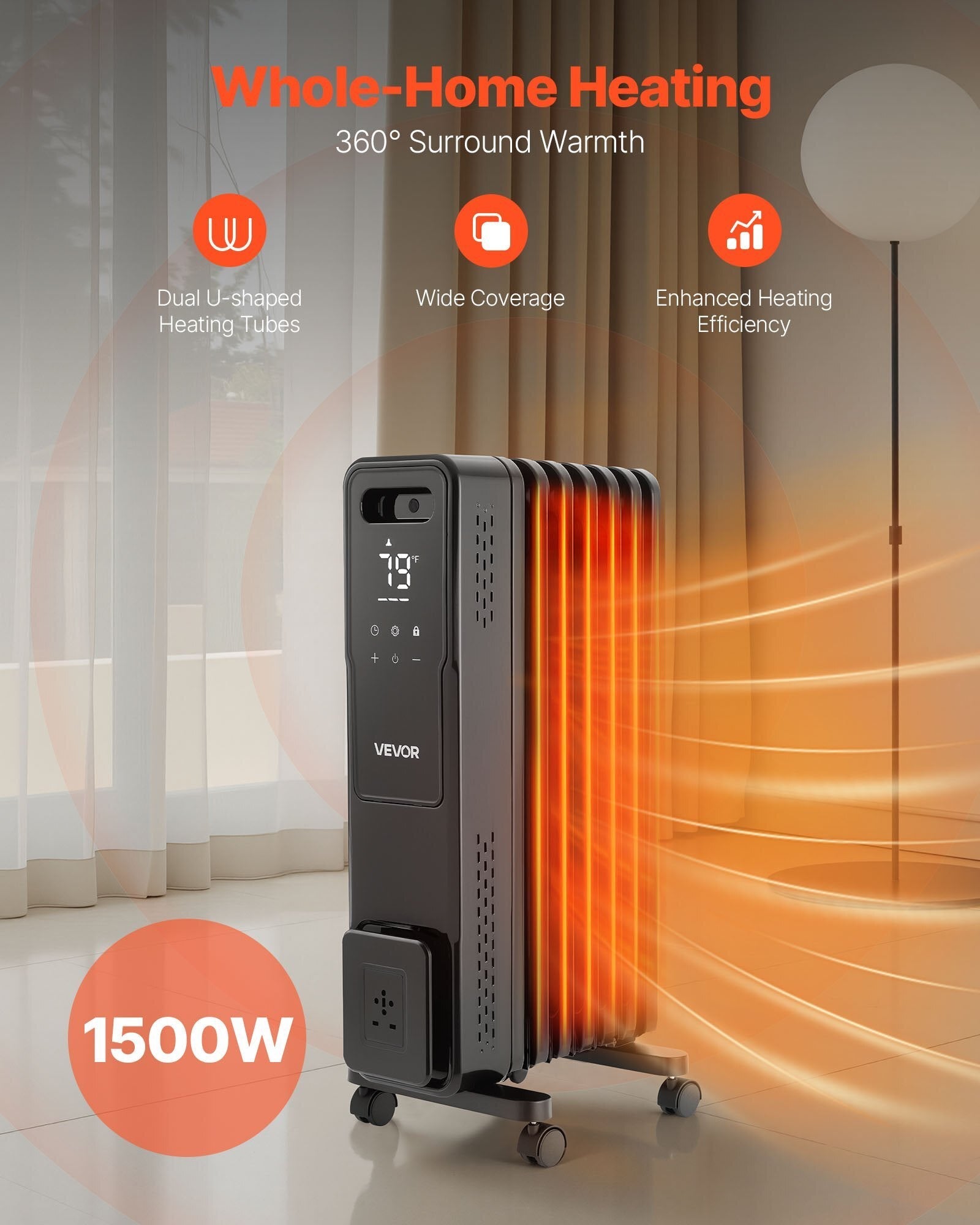 Electric Oil Filled Radiator, 1500W Radiant Space Heater with Dual U-shaped Heating Tubes, Over-Heat Protections,3 Heat Settings,24h Timer, Flexible Casters, Remote Control for Indoor,Black
