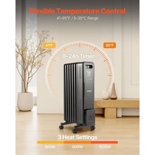 Electric Oil Filled Radiator, 1500W Radiant Space Heater with Dual U-shaped Heating Tubes, Over-Heat Protections,3 Heat Settings,24h Timer, Flexible Casters, Remote Control for Indoor,Black