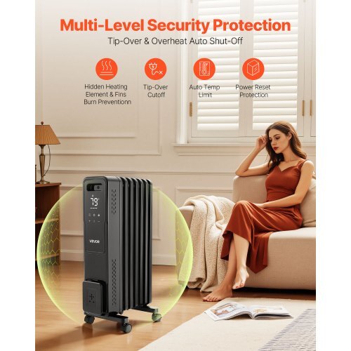 Electric Oil Filled Radiator, 1500W Radiant Space Heater with Dual U-shaped Heating Tubes, Over-Heat Protections,3 Heat Settings,24h Timer, Flexible Casters, Remote Control for Indoor,Black