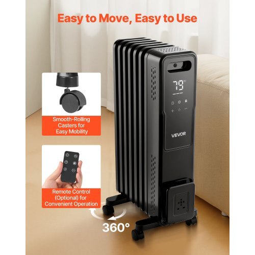 Electric Oil Filled Radiator, 1500W Radiant Space Heater with Dual U-shaped Heating Tubes, Over-Heat Protections,3 Heat Settings,24h Timer, Flexible Casters, Remote Control for Indoor,Black