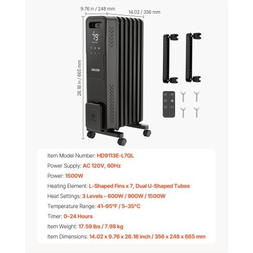 Electric Oil Filled Radiator, 1500W Radiant Space Heater with Dual U-shaped Heating Tubes, Over-Heat Protections,3 Heat Settings,24h Timer, Flexible Casters, Remote Control for Indoor,Black