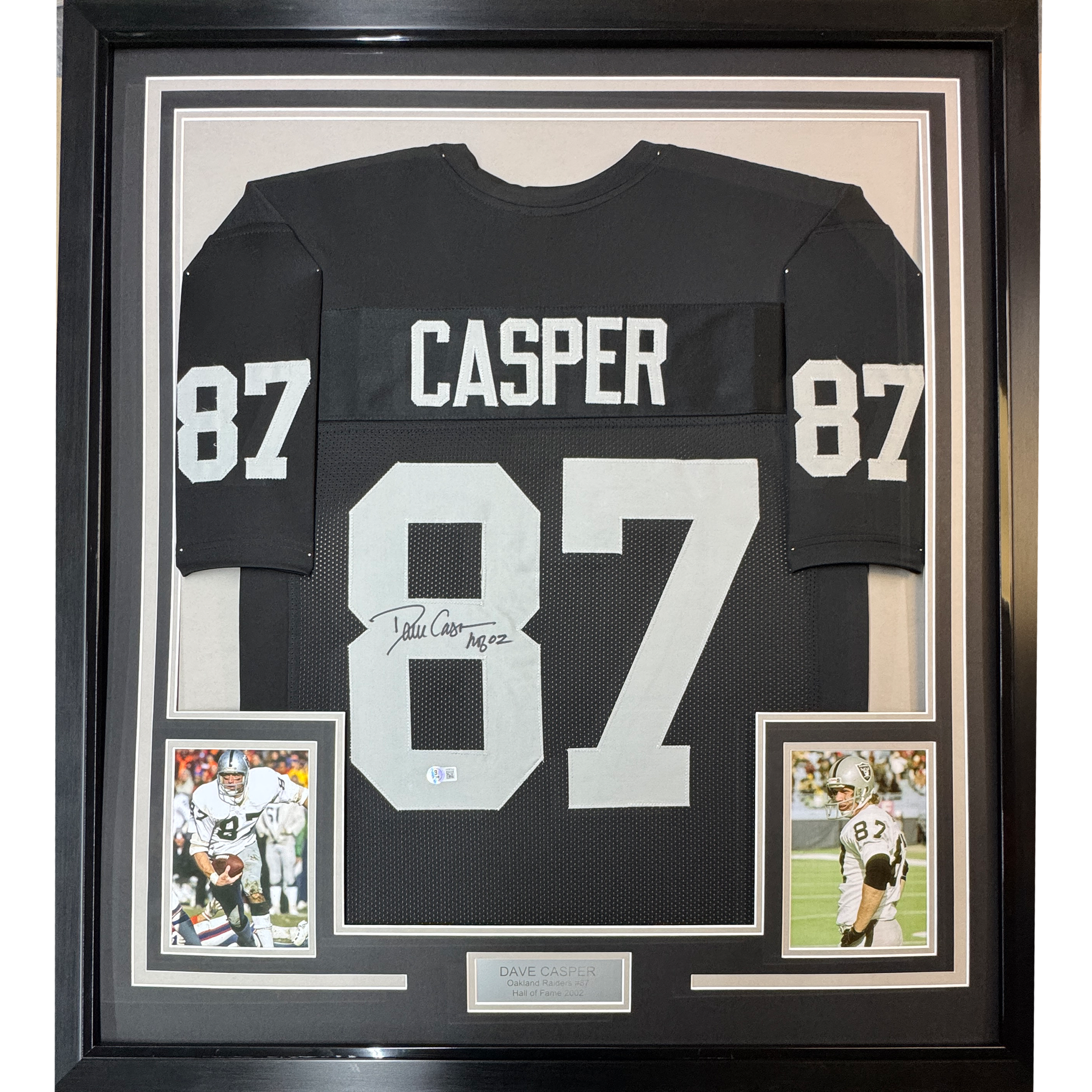 Framed Autographed/Signed Dave Casper 35x39 HOF 02 Oakland Las Vegas Black Football Jersey Beckett BAS COA