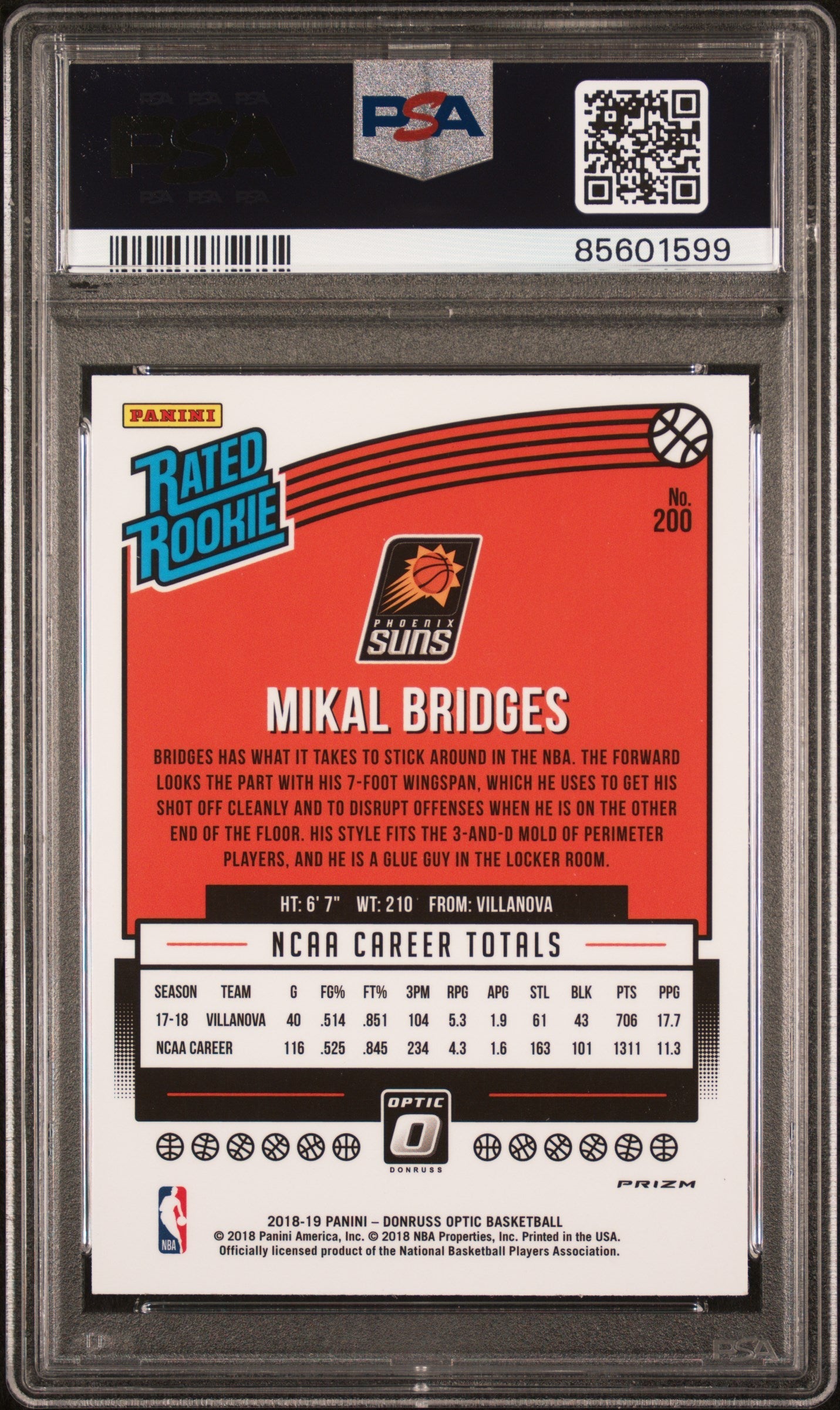 Graded 2018 Panini Donruss Optic Mikal Bridges #200 Shock Rookie RC Basketball Card PSA 10 Gem Mint