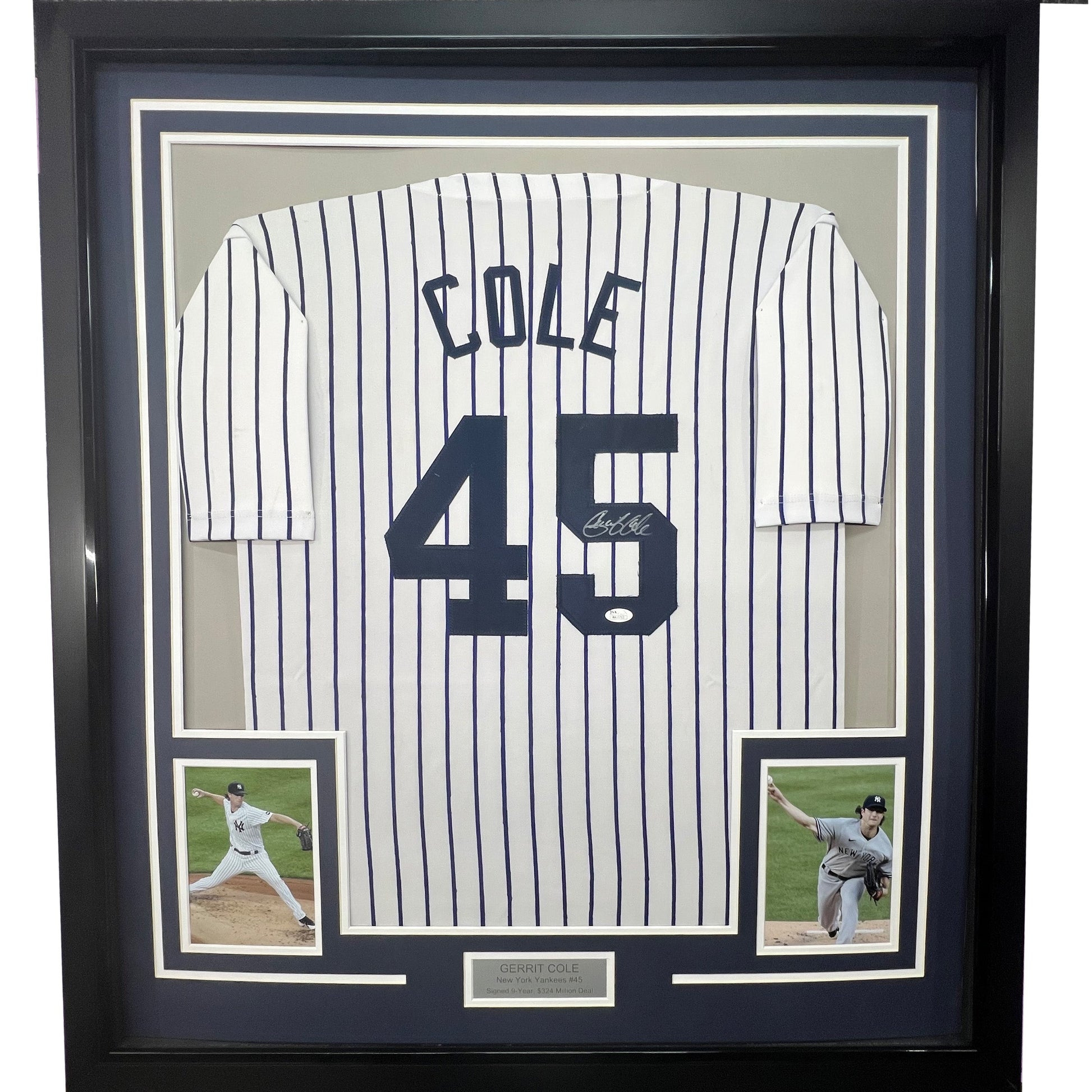 Framed Autographed/Signed Gerrit Cole 35x39 New York Pinstripe Baseball Jersey JSA COA