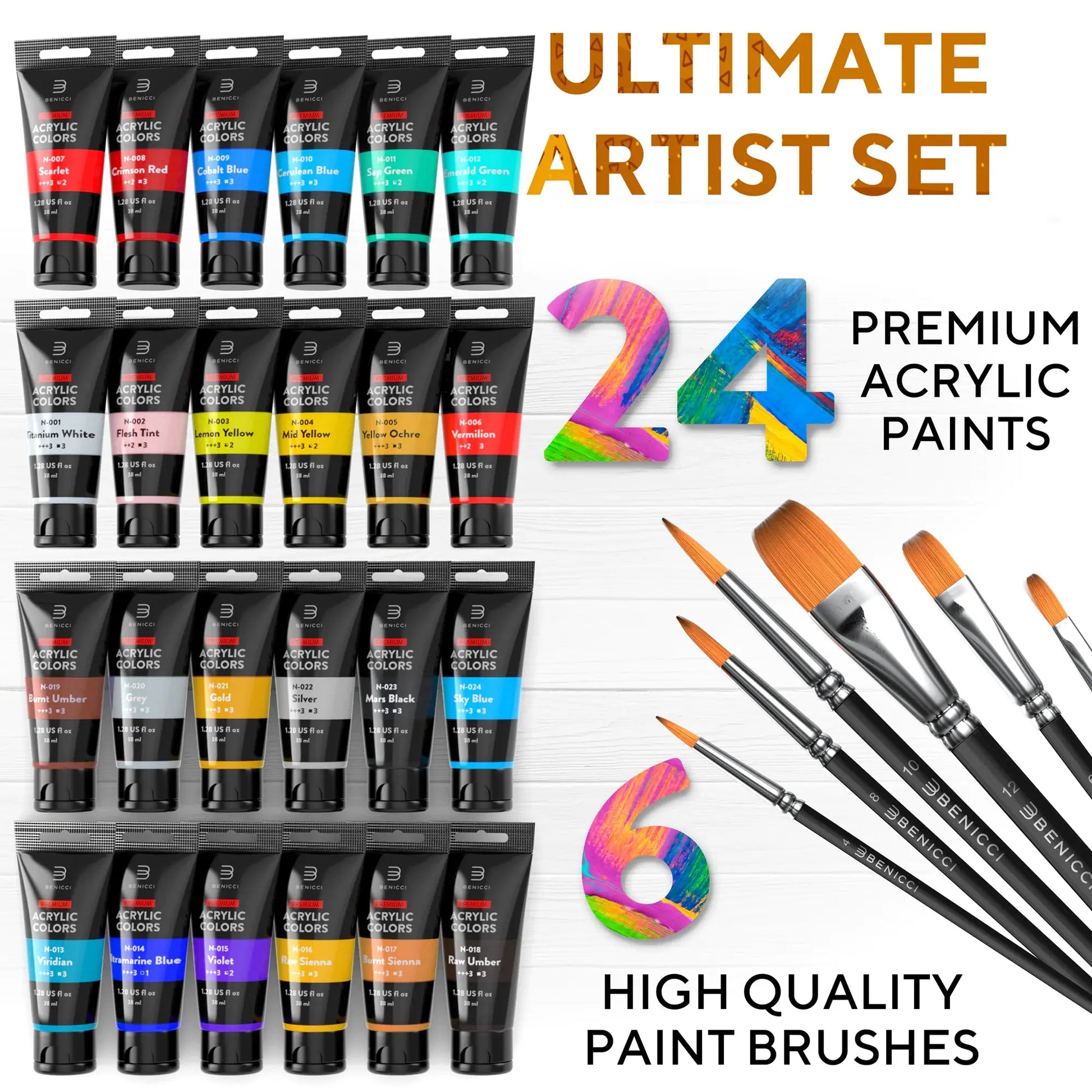 Color Creations Acrylic Paint Set - 24 Colors & 6 Brushes