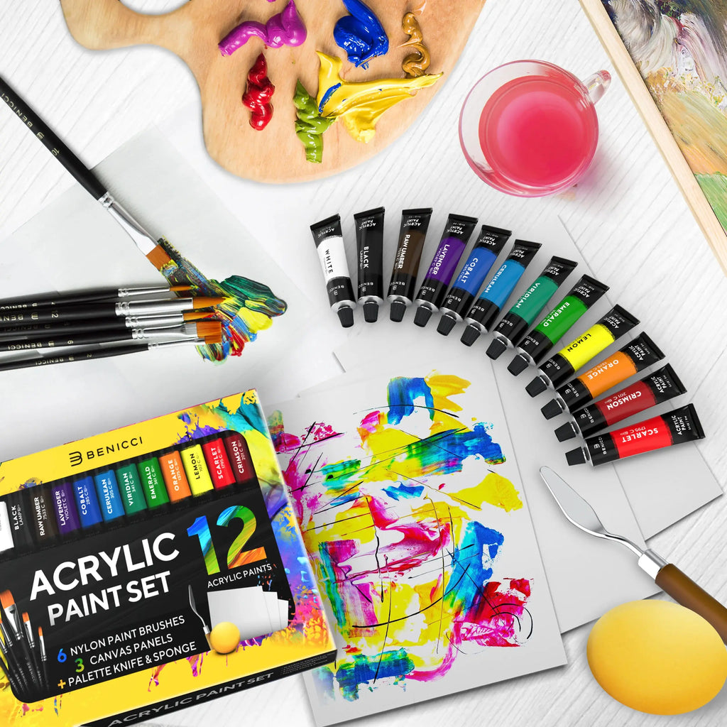 ColorSplash Acrylic Paint Set - 12 Vivid Colors with Brushes & Canvases