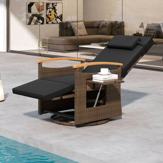 Patio Rattan 360 Cushioned Push Back Reclining Seat with Adjustable Backrest and Flip Side Table