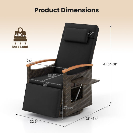Patio Rattan 360 Cushioned Push Back Reclining Seat with Adjustable Backrest and Flip Side Table