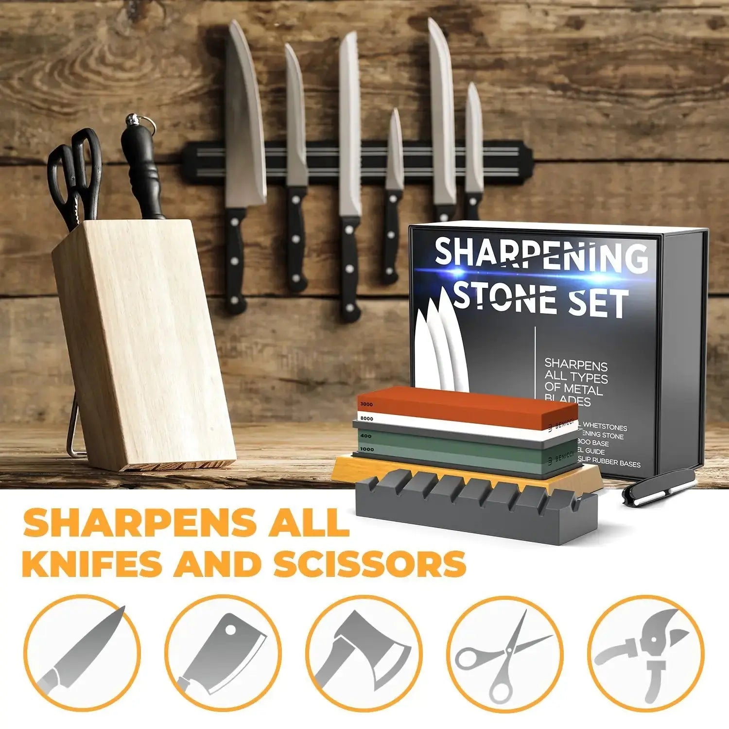Complete Knife Care Kit - Includes Flattening Stone & Nonslip Bases with Angle Guide