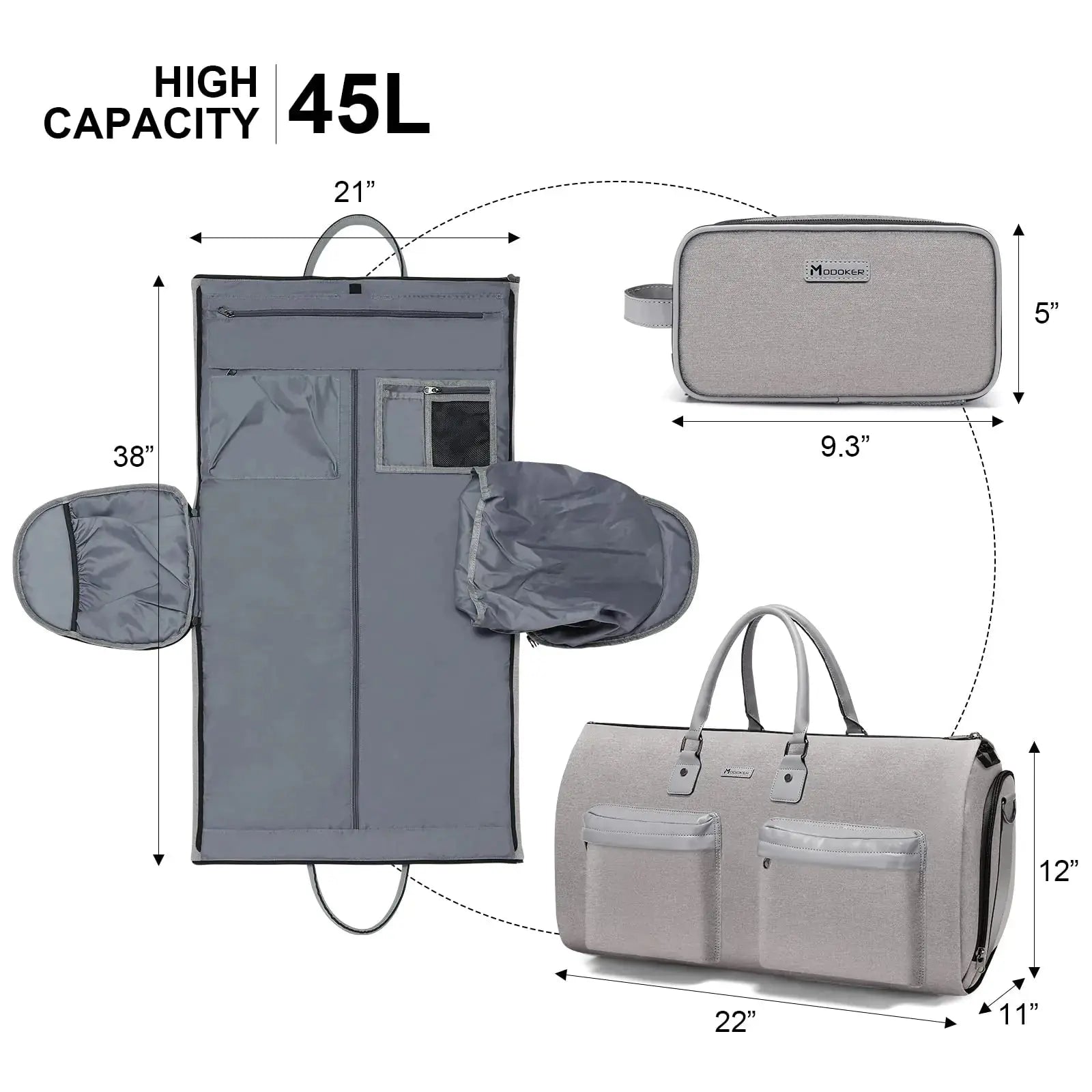 Convertible Garment Bag with Toiletry Bag | Modoker Carry on Garment Duffel Bag for Men & Women