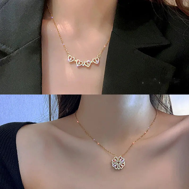 Copper Folding Heart Shaped Necklace | Cubic Zirconia + Rhinestone