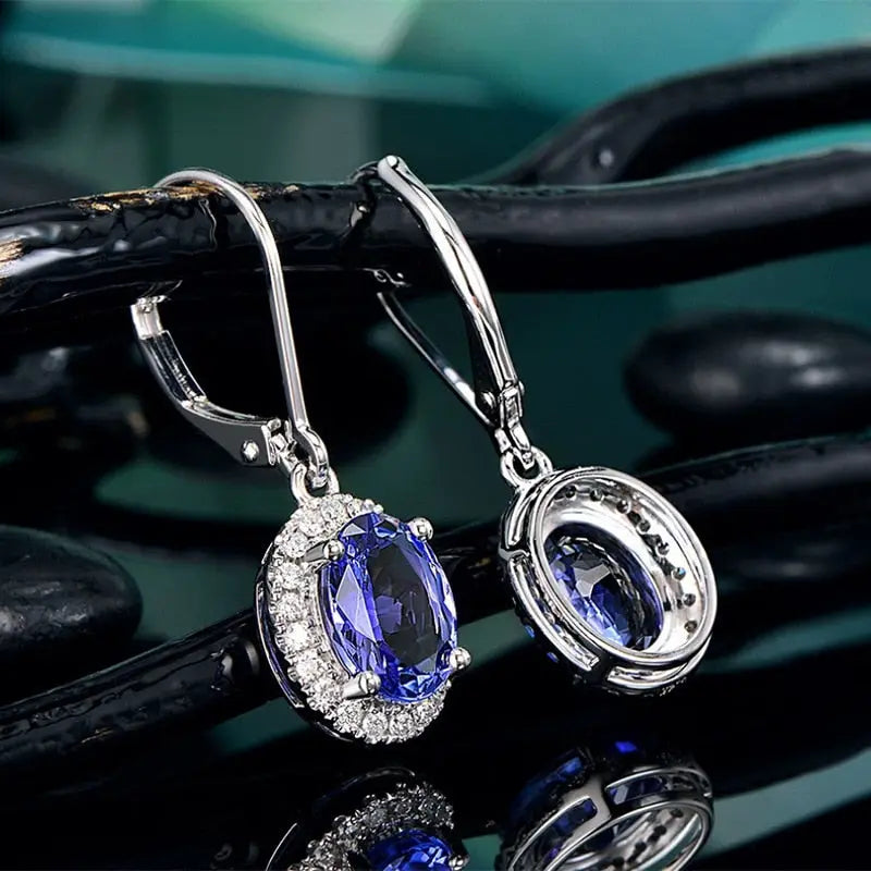 Crystal Oval Stone Women Earrings - Blue & White Color