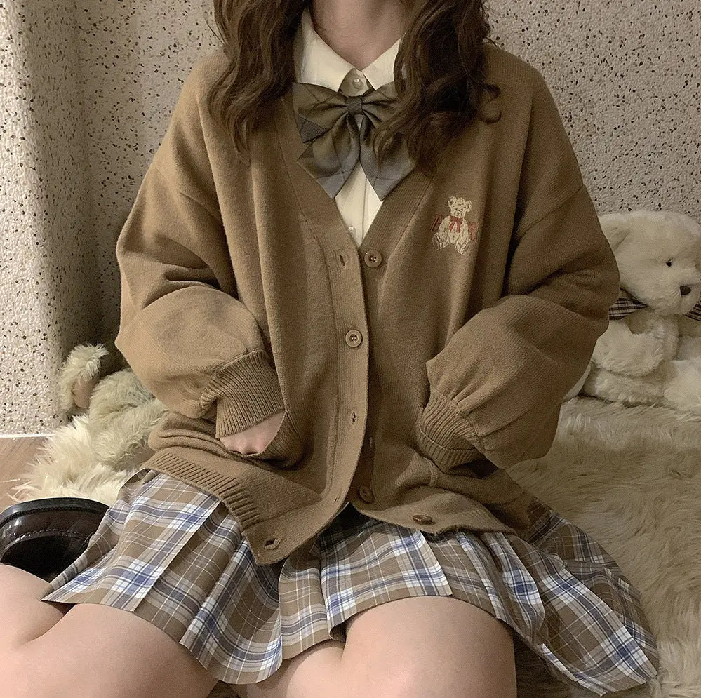 Cute Loose Fit Bear Embroidery Cardigan