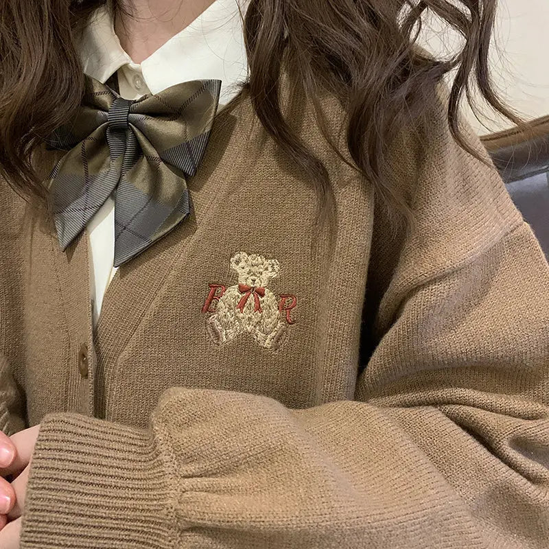 Cute Loose Fit Bear Embroidery Cardigan