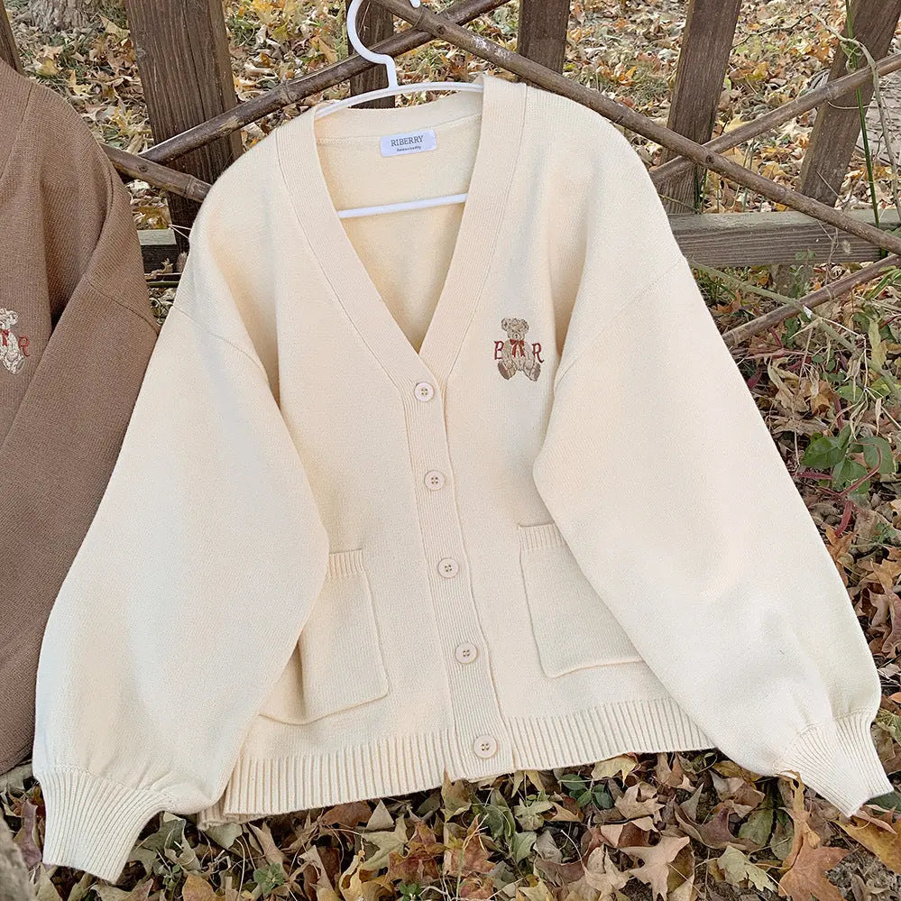 Cute Loose Fit Bear Embroidery Cardigan