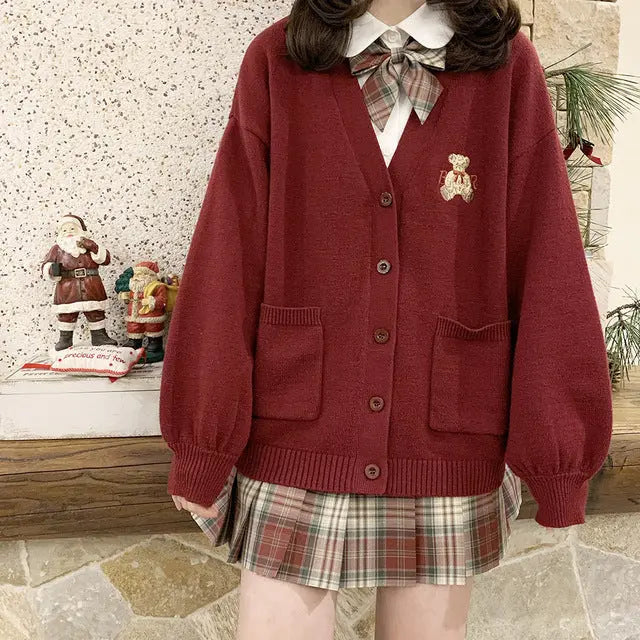 Cute Loose Fit Bear Embroidery Cardigan