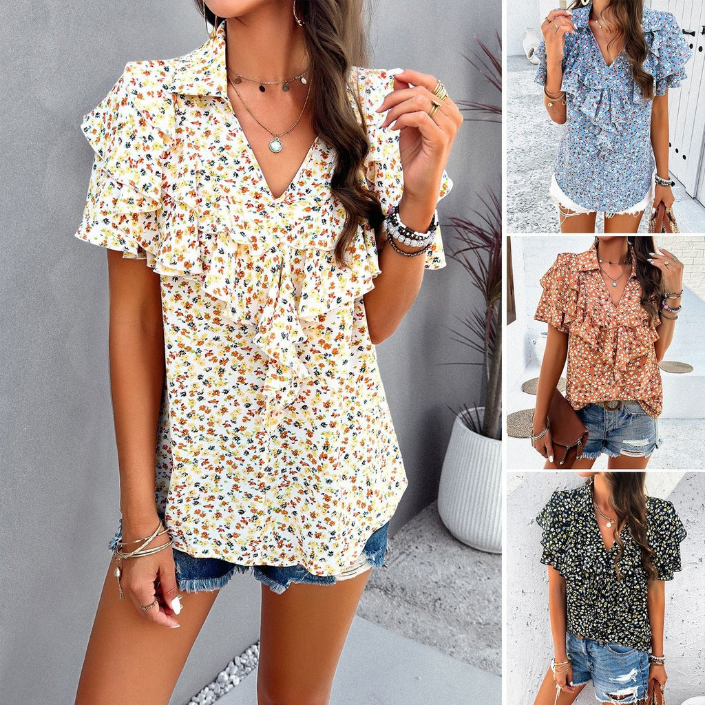 European and American women's spring and summer elegant printed ear edge top