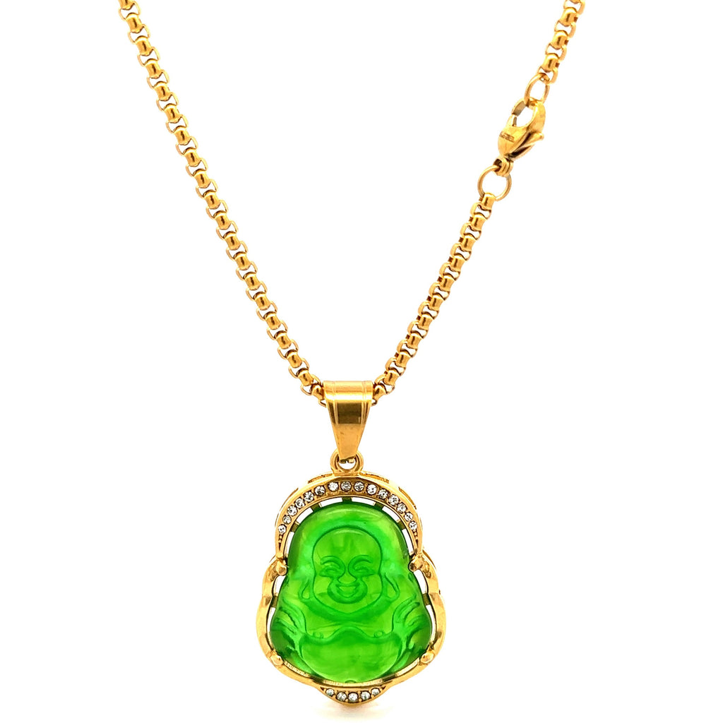 Green Jade Buddha Pendant Necklace Gold Plated With Crystal