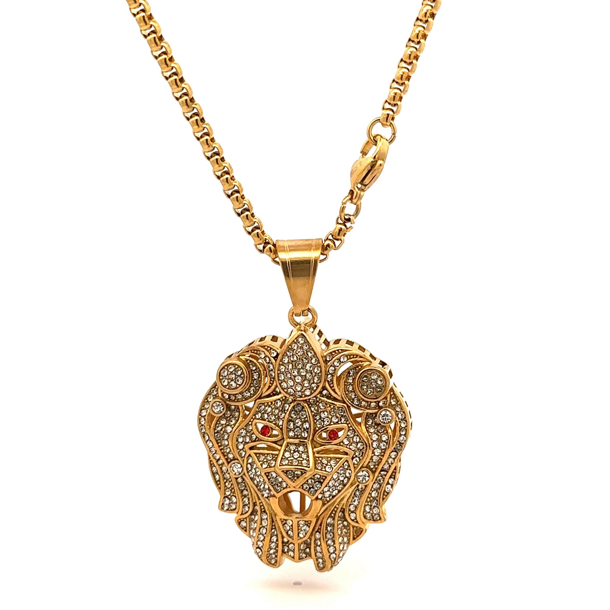 Gold Steel Lion Head Necklace Pave Crystal Red Eyes