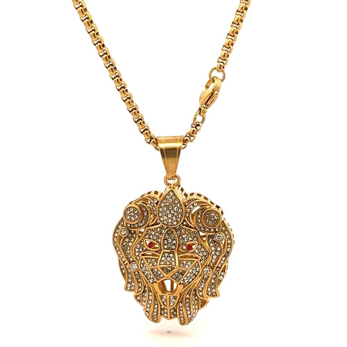 Gold Steel Lion Head Necklace Pave Crystal Red Eyes