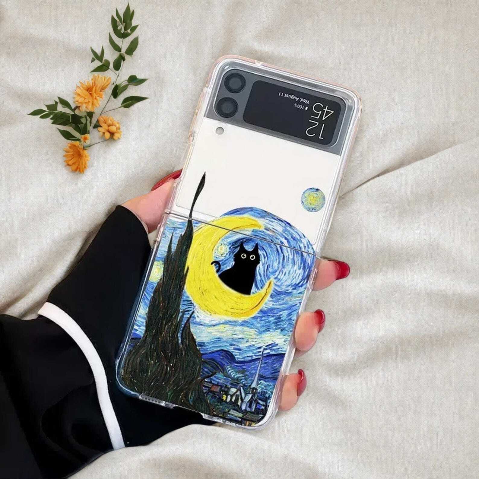 Black Cat Retro Case for Samsung Galaxy Z Flip 6/5/4/3 - Clear Transparent Cover with Artistic Design and Durable Protection