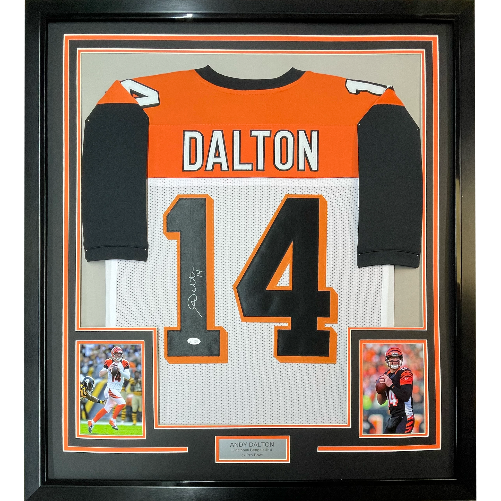 Framed Autographed/Signed Andy Dalton 35x39 Cincinnati White Football Jersey JSA COA