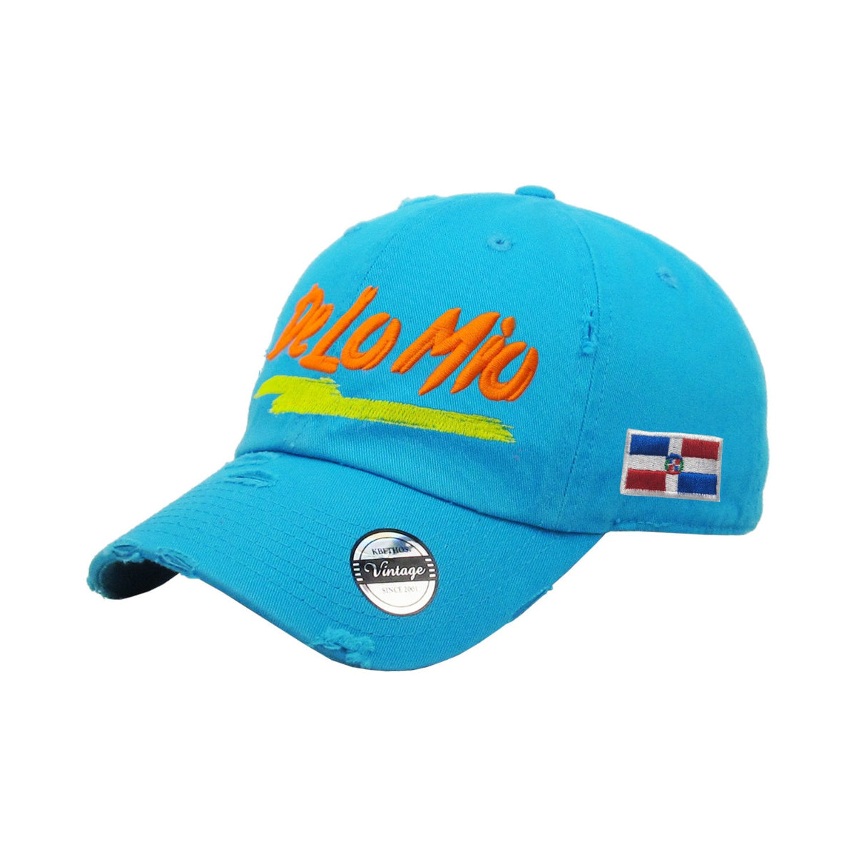 De lo mio embroidered Logo Vintage Hats (Neon Blue - Full Color)