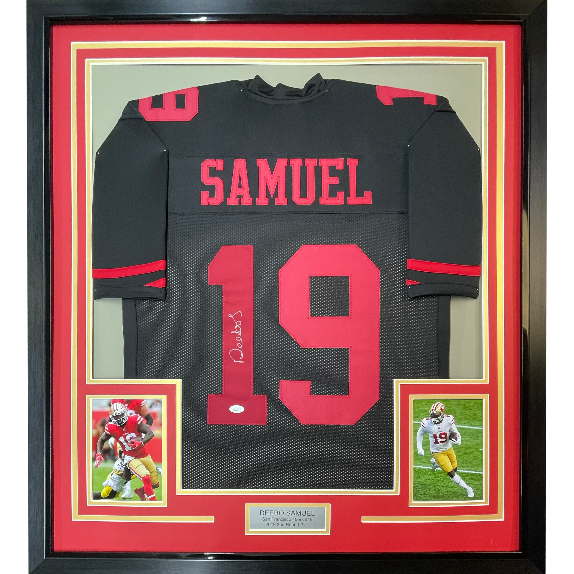 Framed Autographed/Signed Deebo Samuel 35x39 San Francisco Black Football Jersey JSA COA