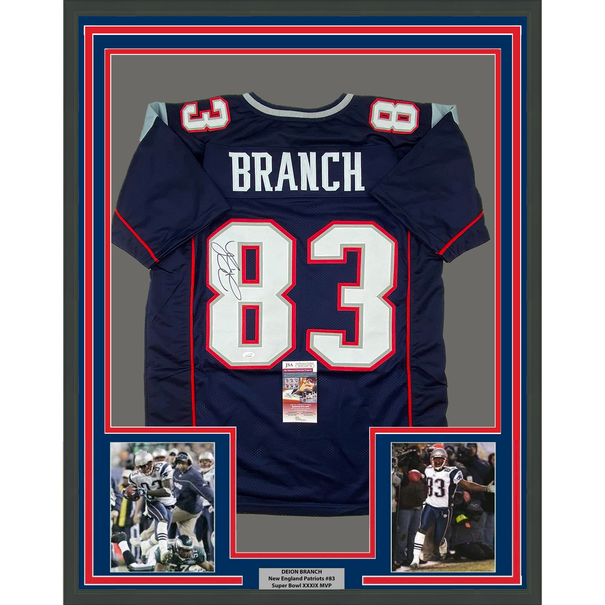 Framed Autographed/Signed Deion Branch 35x39 #83 New England Blue Football Jersey JSA COA