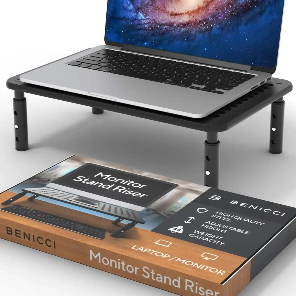 Deluxe Adjustable Monitor Riser - Black Metal Laptop Stand