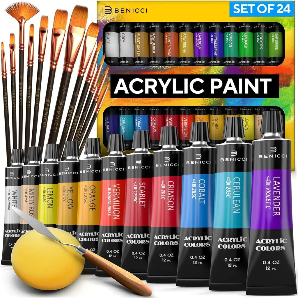Deluxe Artistry Acrylic Paint Kit - 24 Vivid Colors & 12 Brushes with Extras