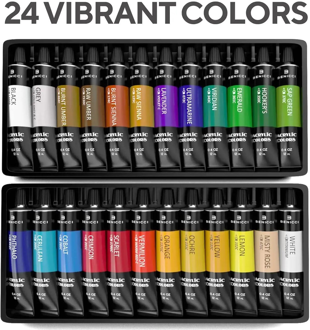 Deluxe Artistry Acrylic Paint Kit - 24 Vivid Colors & 12 Brushes with Extras