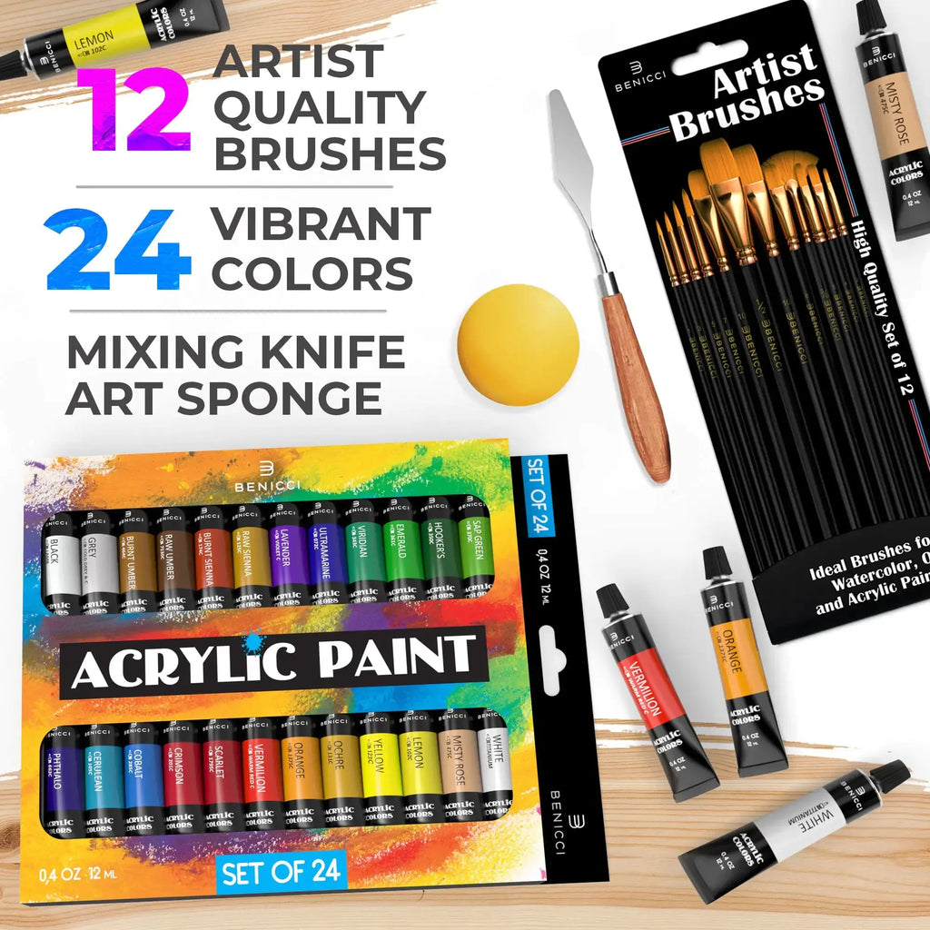 Deluxe Artistry Acrylic Paint Kit - 24 Vivid Colors & 12 Brushes with Extras