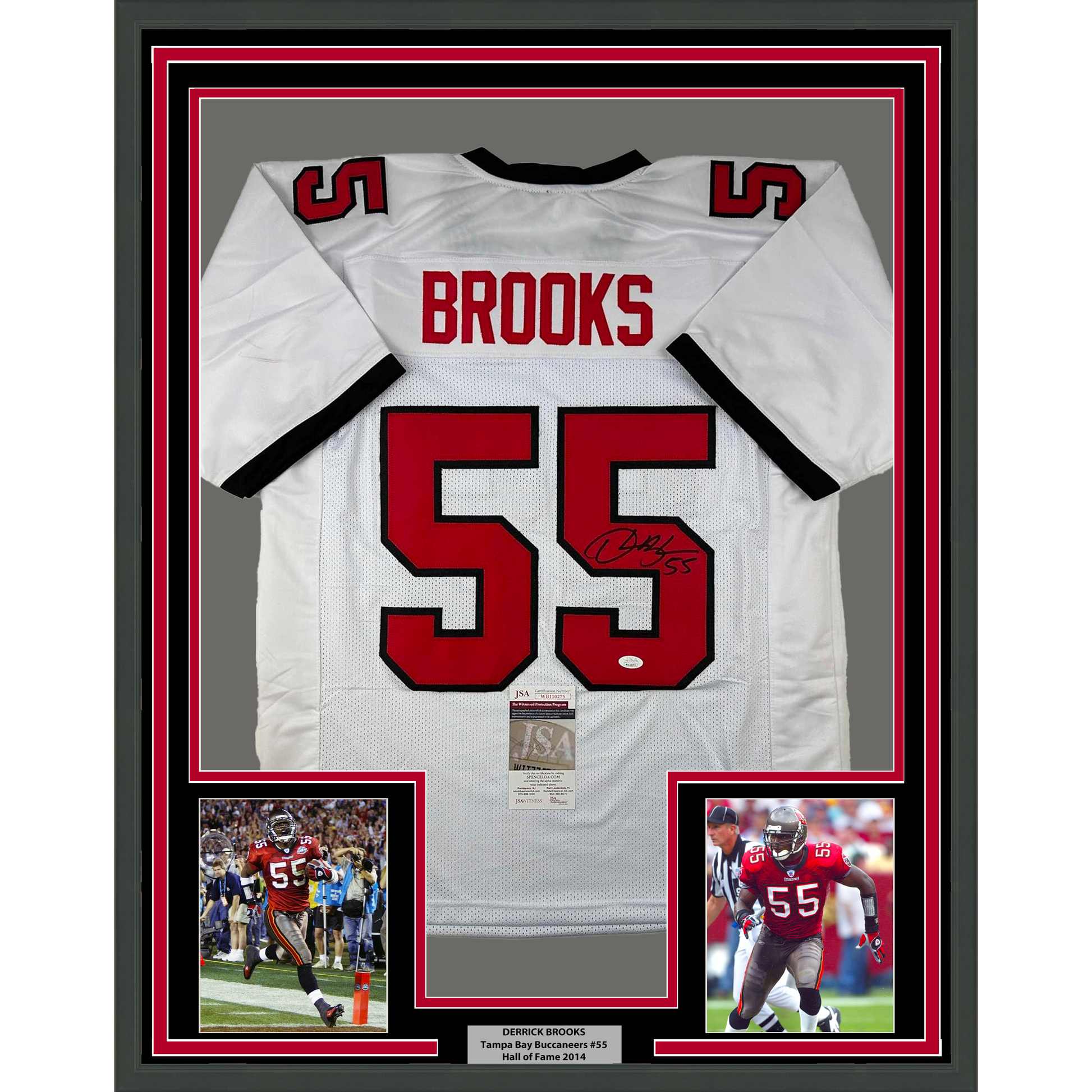 Framed Autographed/Signed Derrick Brooks 35x39 Tampa Bay White Football Jersey JSA COA