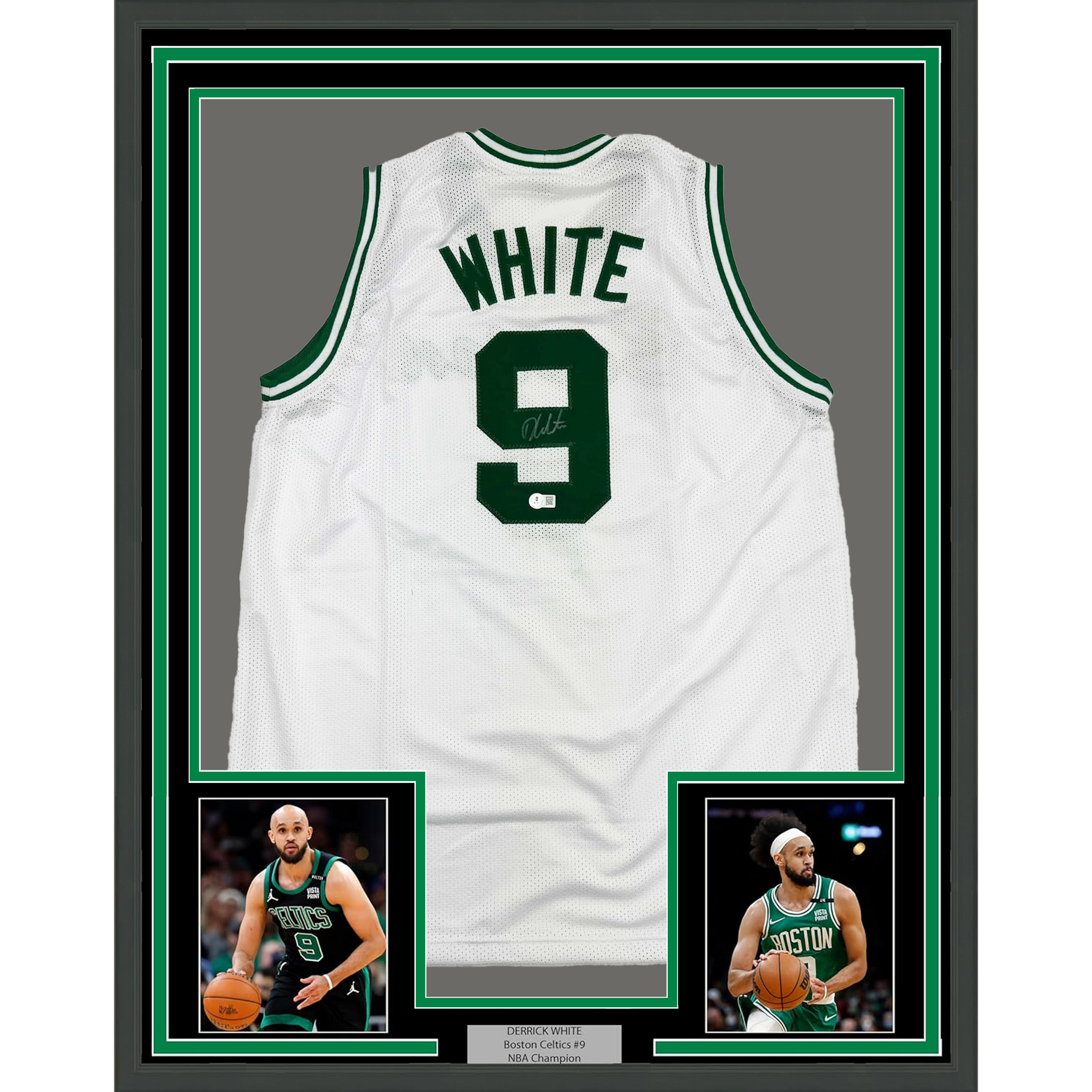 Framed Autographed/Signed Derrick White 35x39 Boston White Basketball Jersey Beckett BAS COA