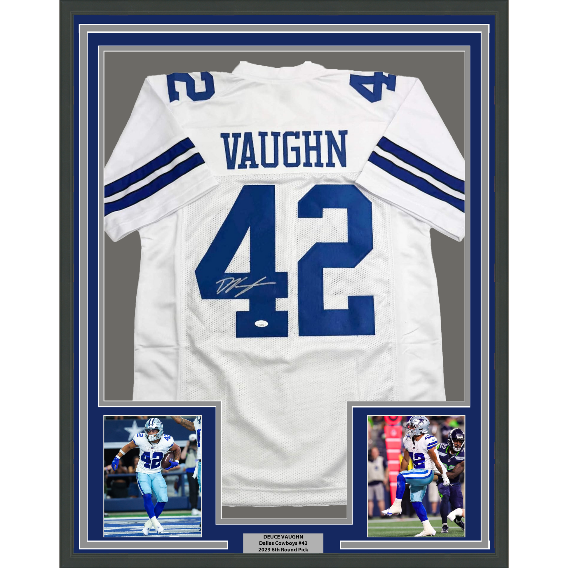 Framed Autographed/Signed Deuce Vaughn 35x39 Dallas White Football Jersey JSA COA