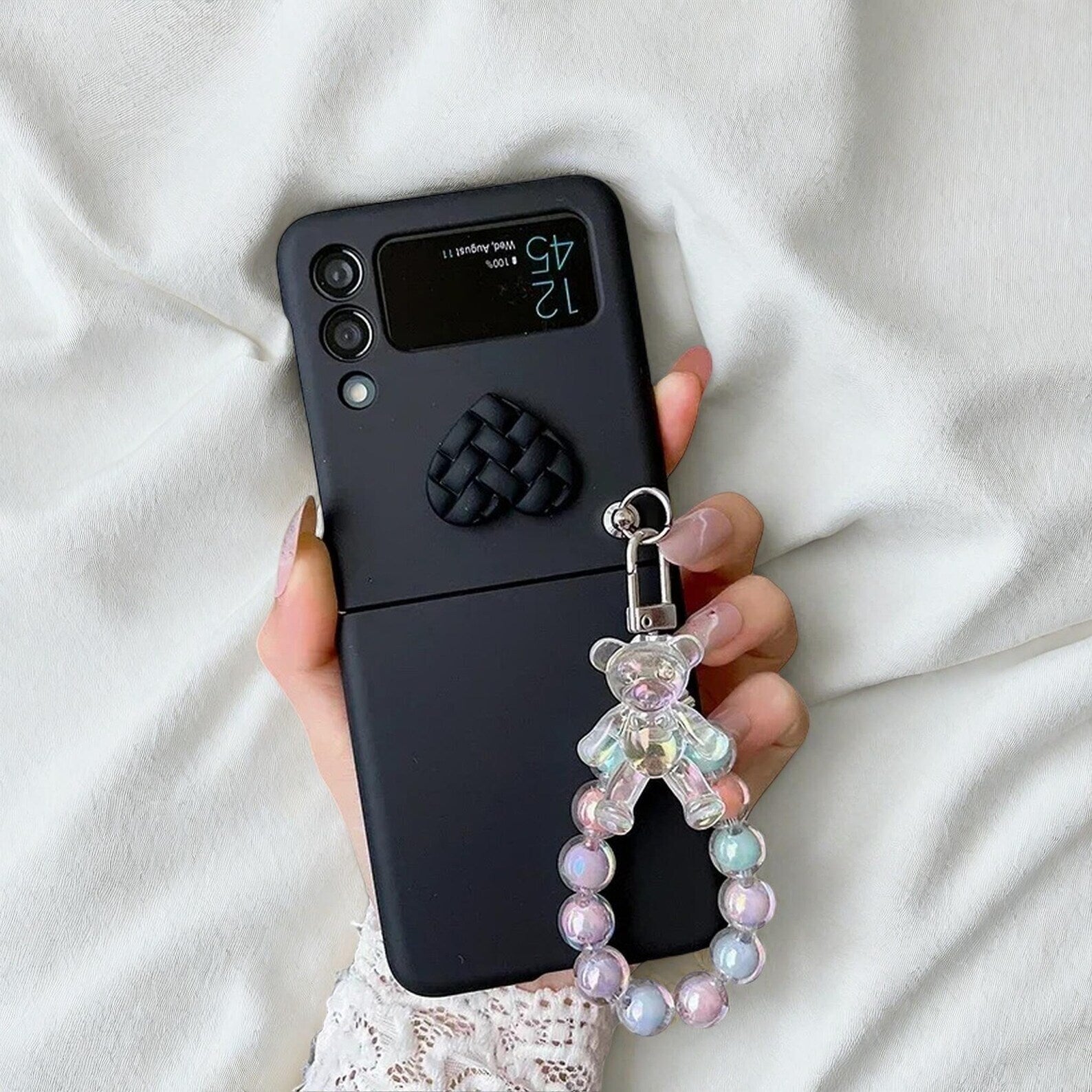Cute Bear Beaded Bracelet Case for Motorola Razr 40 50 Ultra 2023 2024 - Colorful Heart Candy Design Hard PC Protective Cover