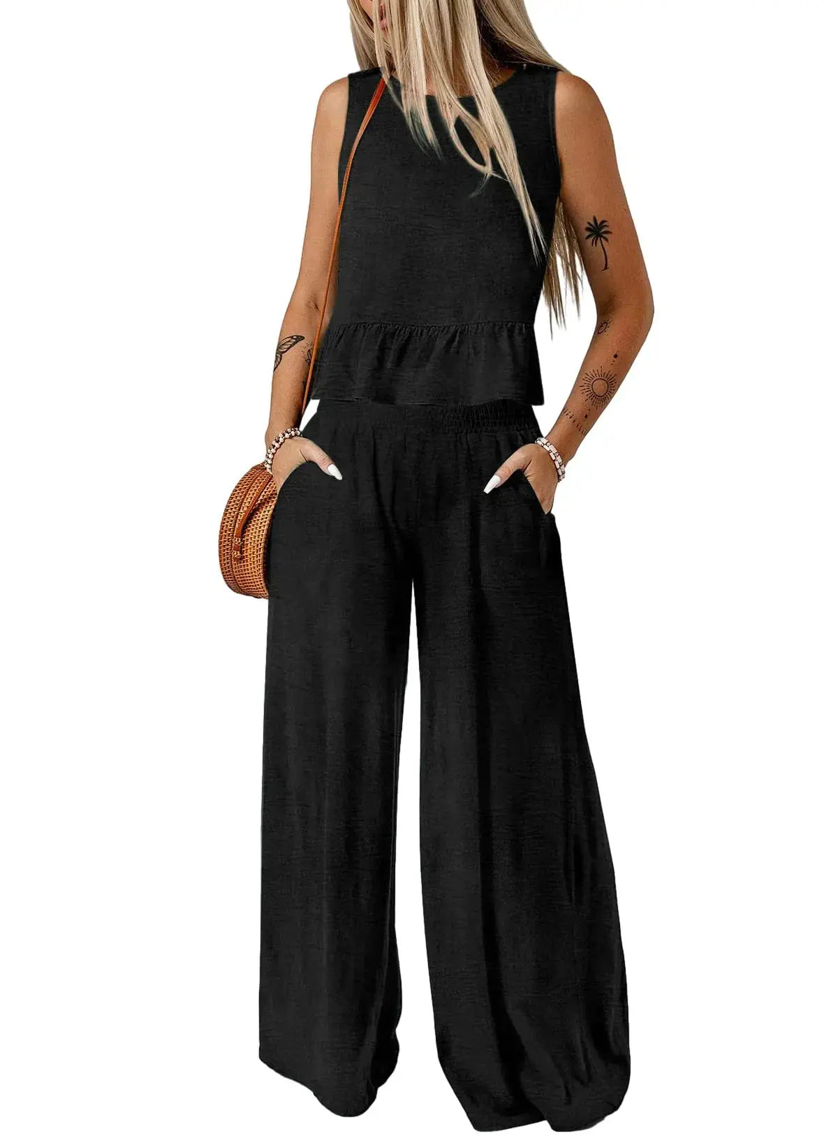 Dokotoo Pants Sets Women 2 Piece Outfits Sleeveless Tank Tops - Wide Leg Pants with Pockets