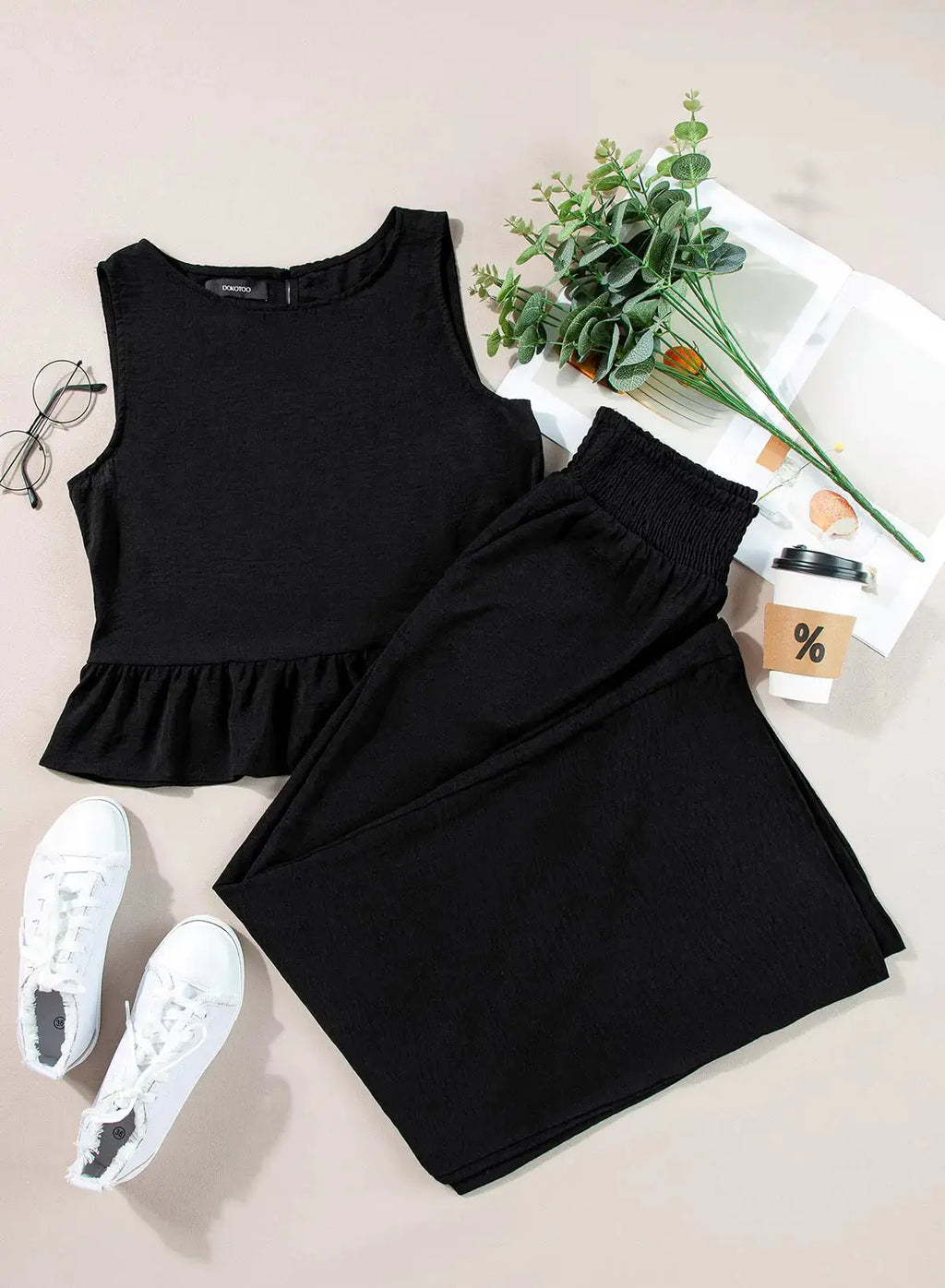 Dokotoo Pants Sets Women 2 Piece Outfits Sleeveless Tank Tops - Wide Leg Pants with Pockets