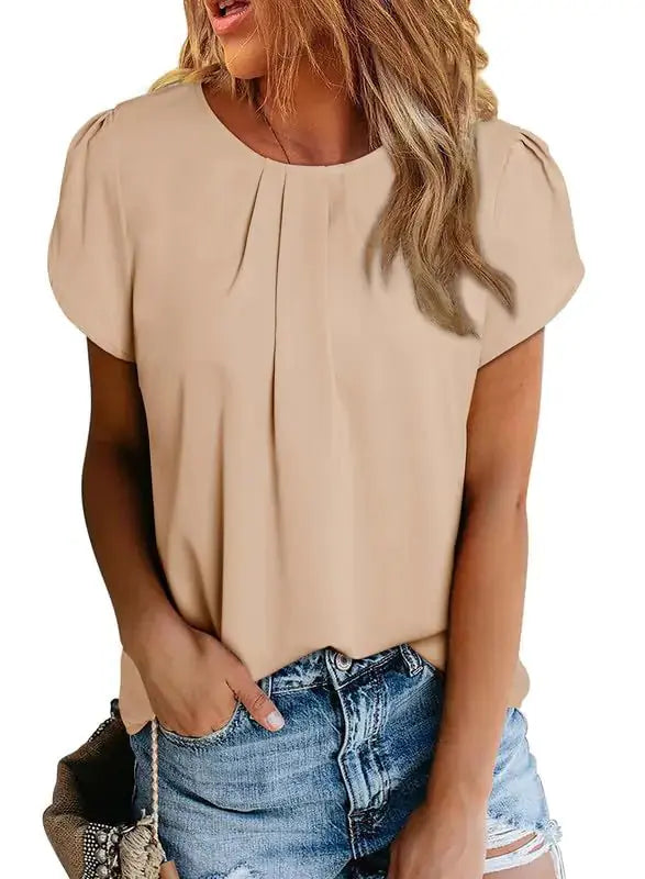 Dokotoo Women's Casual Round Neck Basic Pleated Tops | Short Sleeve Loose Fit Curved Keyhole Back