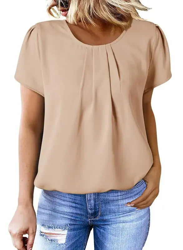 Dokotoo Women's Casual Round Neck Basic Pleated Tops | Short Sleeve Loose Fit Curved Keyhole Back