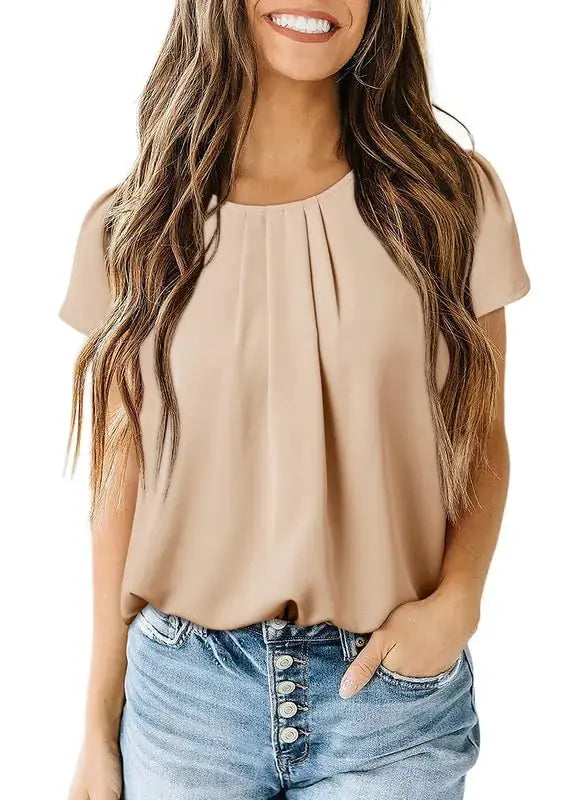 Dokotoo Women's Casual Round Neck Basic Pleated Tops | Short Sleeve Loose Fit Curved Keyhole Back