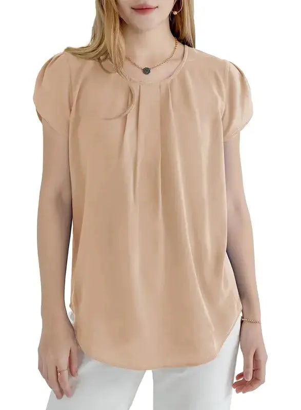 Dokotoo Women's Casual Round Neck Basic Pleated Tops | Short Sleeve Loose Fit Curved Keyhole Back