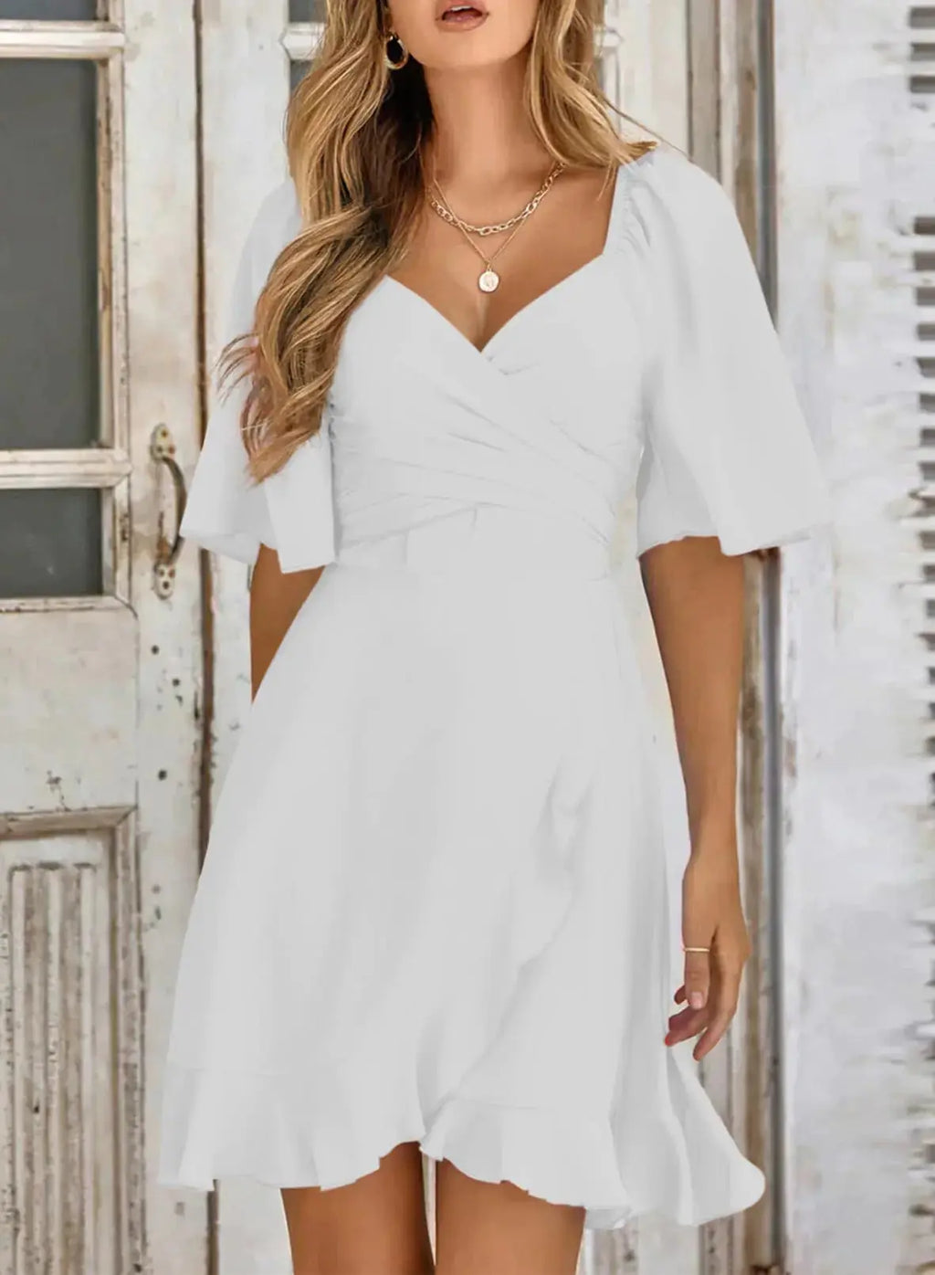 Dokotoo Women's Wrap V Neck Short Flared Sleeve Wedding Guest Dress