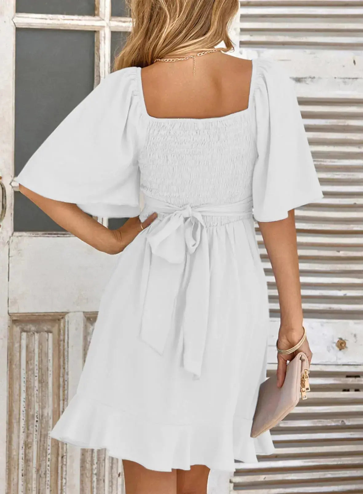 Dokotoo Women's Wrap V Neck Short Flared Sleeve Wedding Guest Dress