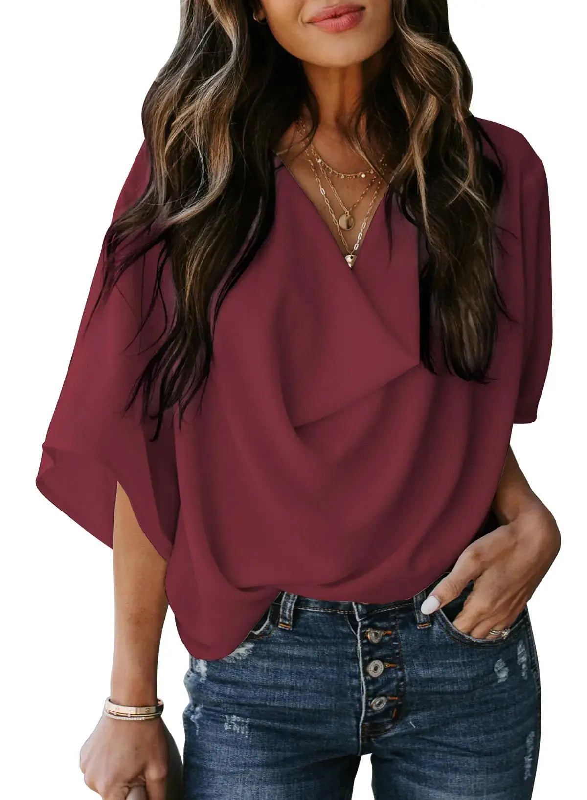 Dokotoo Womens Blouses and Tops - Short Sleeve Chiffon Shirts and Tops - Red
