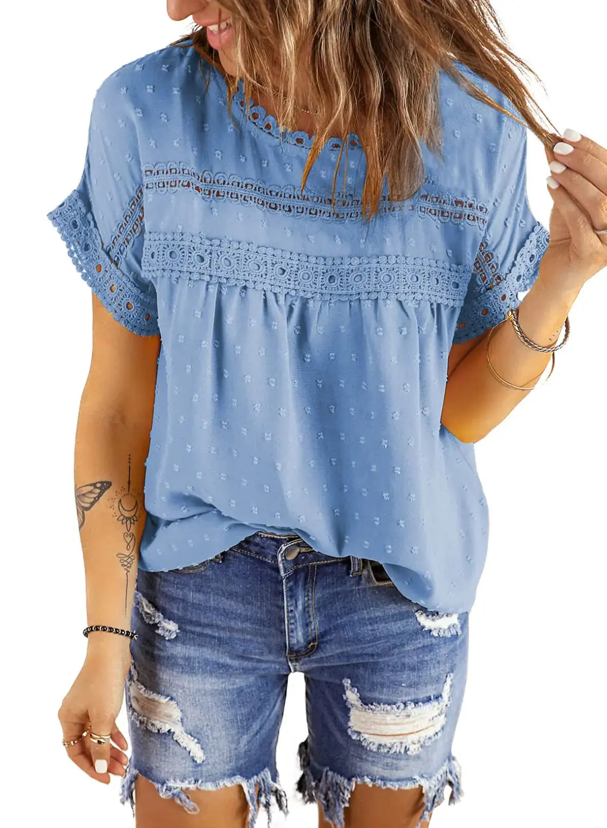 Dokotoo Womens Summer Tops Crewneck Lace Crochet Short Sleeve Shirt