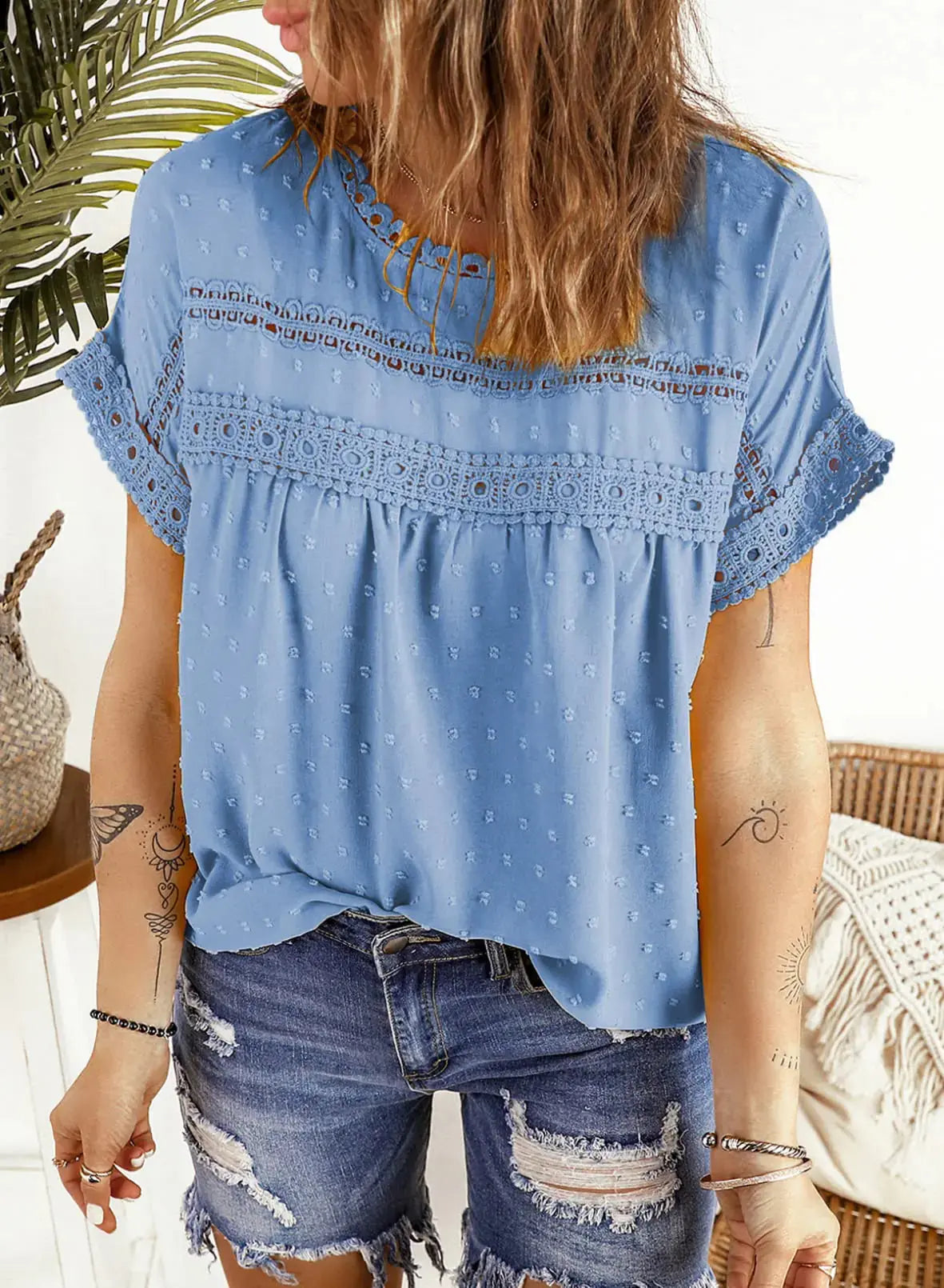 Dokotoo Womens Summer Tops Crewneck Lace Crochet Short Sleeve Shirt