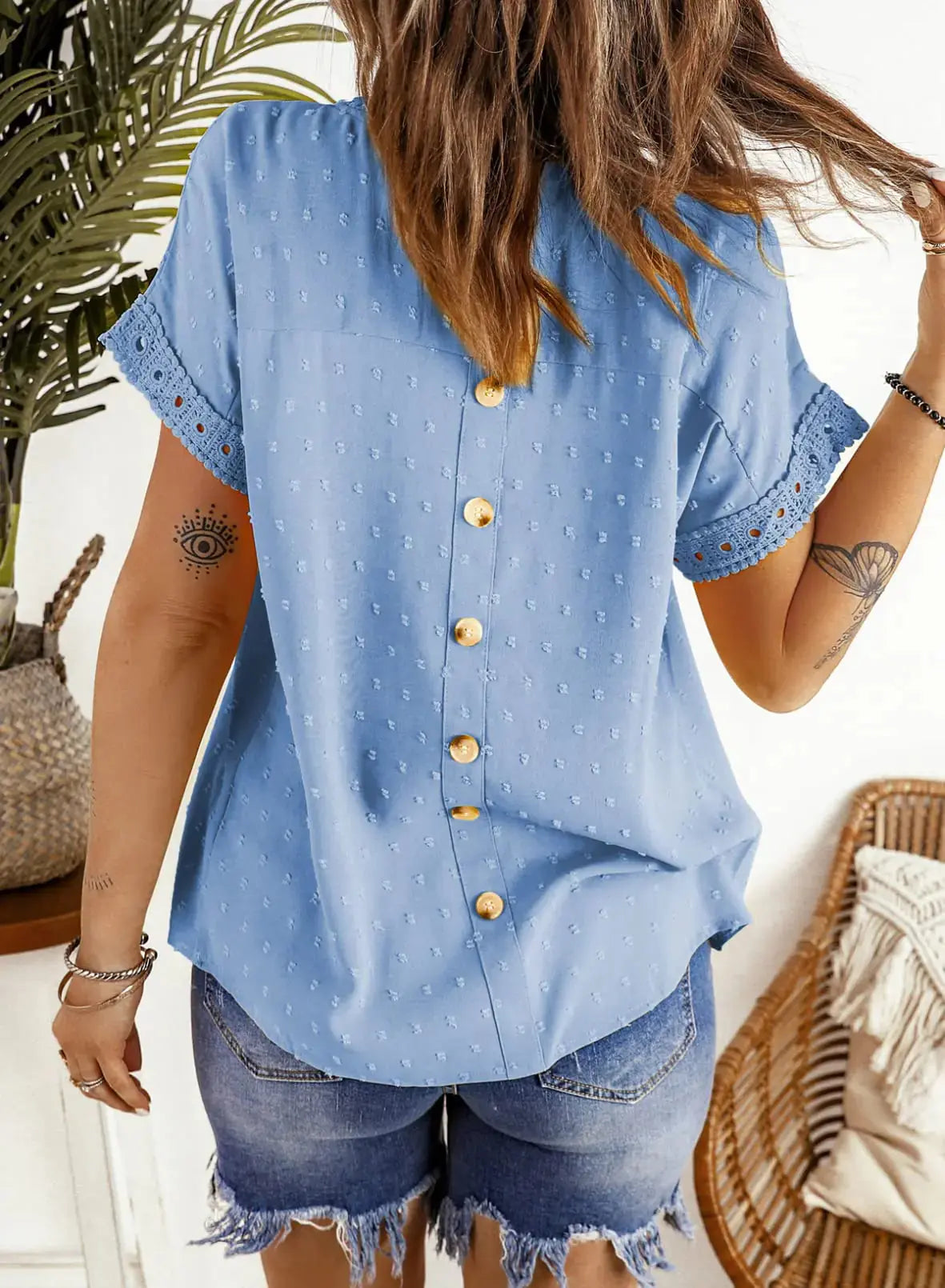 Dokotoo Womens Summer Tops Crewneck Lace Crochet Short Sleeve Shirt